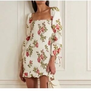 Reformation Linen Hilary Floral Smocked Dress with Puff Sleeves  XS